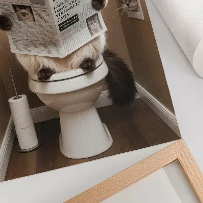 Plakatas katė su laikraščiu smėlio spalvos fone, pasižymintis humoru ir šiluma
