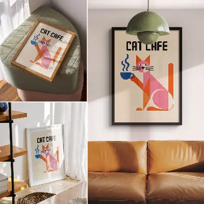 Sieninis plakatas kūrybingas retro stiliaus kavą geriančios katės motyvas