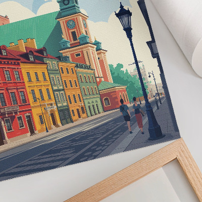 Plakatas Spalvingi daugiabučiai namai mėlyno dangaus architektūra