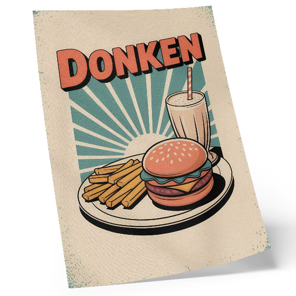 Sieninis plakatas Mėsainis ir bulvytės retro fone