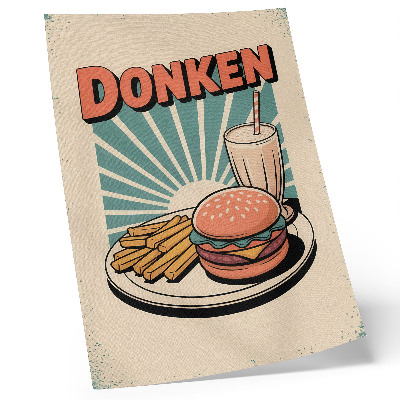 Sieninis plakatas Mėsainis ir bulvytės retro fone