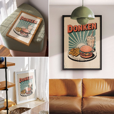 Sieninis plakatas Mėsainis ir bulvytės retro fone