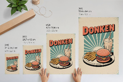 Sieninis plakatas Mėsainis ir bulvytės retro fone