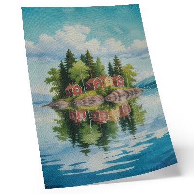 Plakatas svetainei Vaizdinga sala, namai, medžiai, ramus vanduo