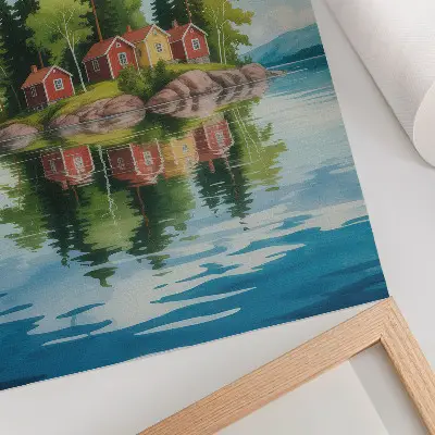 Plakatas svetainei vaizdinga sala su namais, medžiais ir ramiu vandeniu