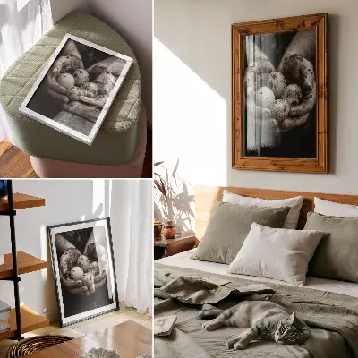 Plakatas su žemiškomis rankomis ir kontrastingais putpelių kiaušiniais