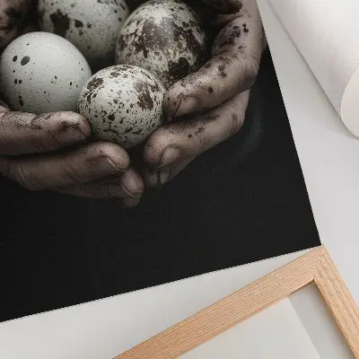 Plakatas su žemiškomis rankomis ir kontrastingais putpelių kiaušiniais