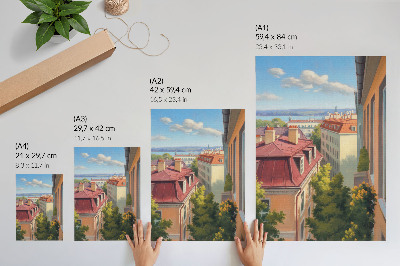 Plakatas Vešlūs medžiai, raudonos plytelės, mėlynas dangus