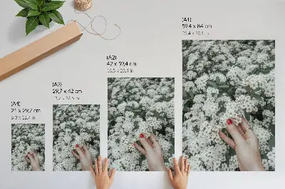 Dekoratyvinis plakatas baltos gėlės, žalia ranka ir raudoni nagai