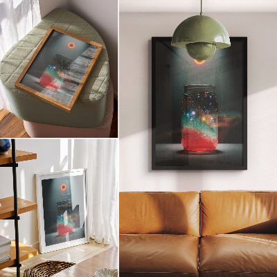 Plakatas svetainei Kosminis stiklainis su spalvingomis kosminėmis lemputėmis