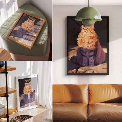 Plakatas svetainei Katė su užrašu oranžinė pilka smėlio spalvos