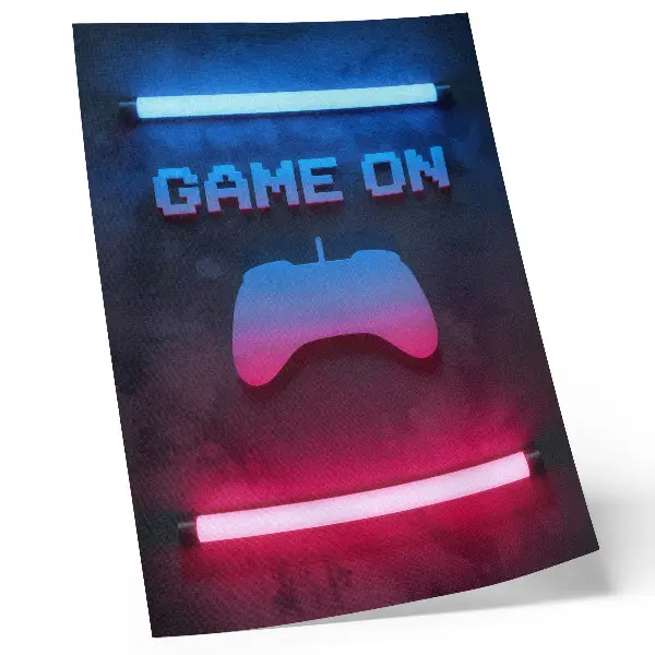 Plakatas neoninių pikselių užrašas su žaidimų kilimėlio dinamika