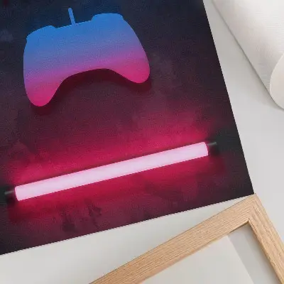 Plakatas neoninių pikselių užrašas su žaidimų kilimėlio dinamika
