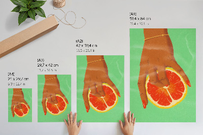 Sieninis plakatas Ranka su ryškiomis greipfrutų spalvomis pop menas