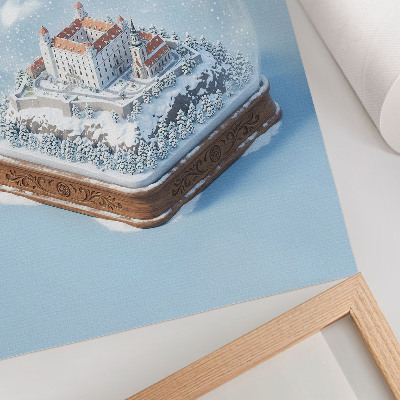 Plakatas Žiemos gaublys su pilies ir sniego iliustracijos stiliumi