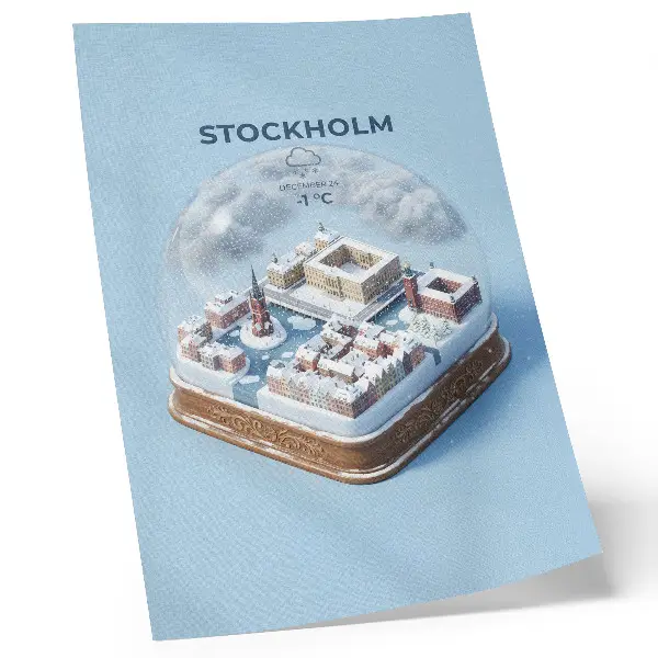 Plakatas svetainei Stokholmas sferoje, moderni architektūra ir žiemos klimatas