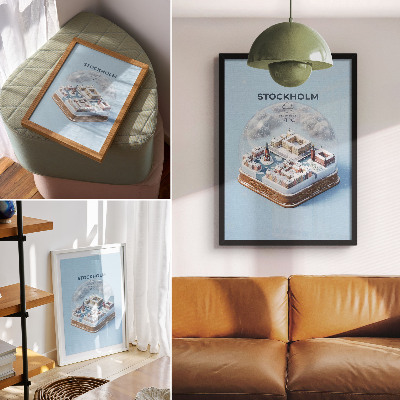 Plakatas svetainei Stokholmas sferoje, moderni architektūra, žiemos klimatas