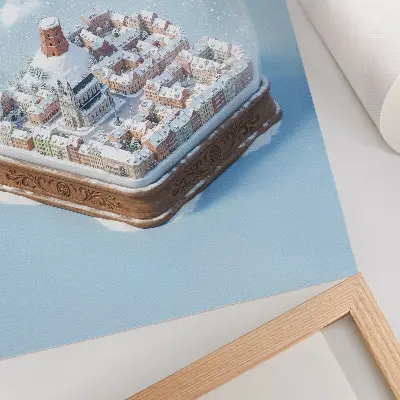 Sieninis plakatas miniatiūrinis miestas stiklo rutulyje su magiška žiemos atmosfera