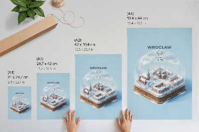 Plakatas svetainei Miniatiūrinis miestas žiemos stikliniame rutulyje