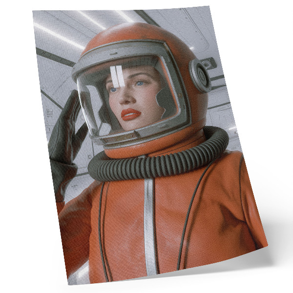 Sieninis plakatas Kosmoso figūra kostiume oranžiniame modernume