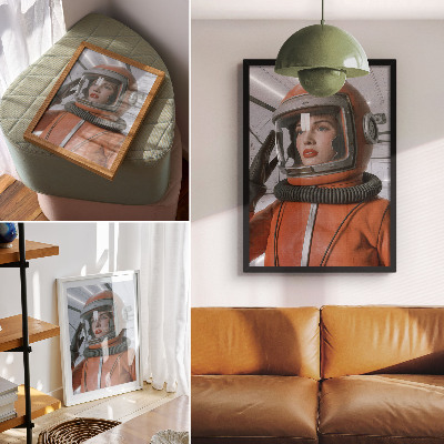 Sieninis plakatas Kosmoso figūra kostiume oranžiniame modernume