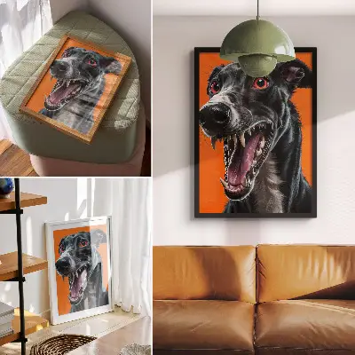 Plakatas juodo kailio su oranžiniu fonu ir išraiškingomis detalėmis