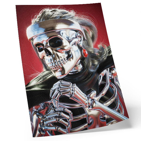 Dekoratyvinis plakatas Elektrizuojantis sidabrinis skeletas raudoname fone