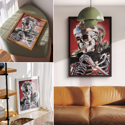 Dekoratyvinis plakatas Elektrizuojantis sidabrinis skeletas raudoname fone