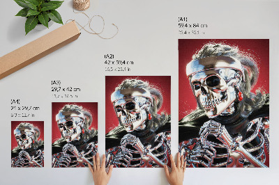 Dekoratyvinis plakatas Elektrizuojantis sidabrinis skeletas raudoname fone