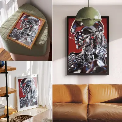 Sieninis plakatas futuristinis personažo motyvas juodos ir raudonos spalvos