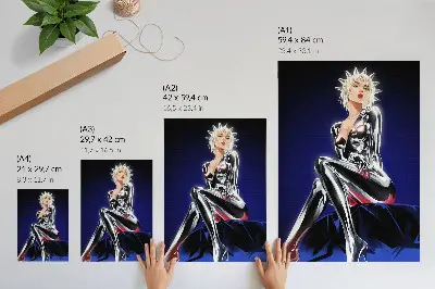 Plakatas futuristinė figūra su blizgančiais elementais ir intensyviomis spalvomis