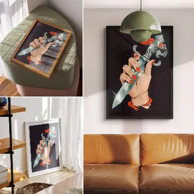 Dekoratyvinis plakatas ranka su durklu ir mirksinčiomis detalėmis