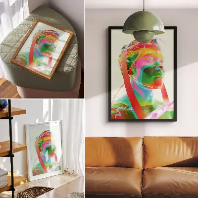 Sieninis plakatas su spalvingu futuristiniu personažo portretu