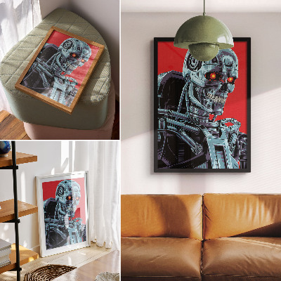 Plakatas Futuristinis robotas raudoname fone