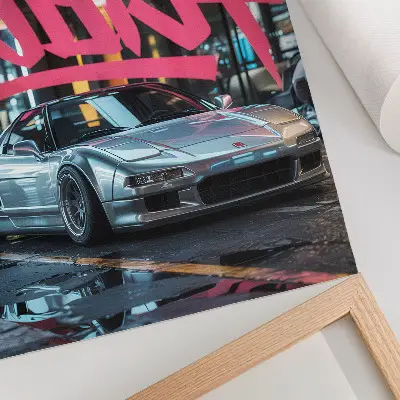 Plakatas svetainei su sportinių automobilių grafiti ir modernaus miesto atmosfera