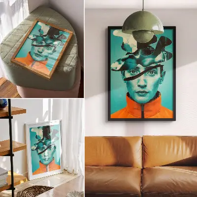 Plakatas kontrastingų spalvų siurrealistinis vaizdas su dinamiškomis formomis