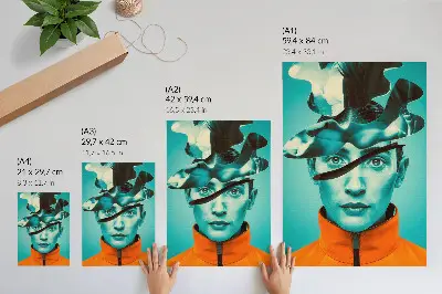 Plakatas kontrastingų spalvų siurrealistinis vaizdas su dinamiškomis formomis