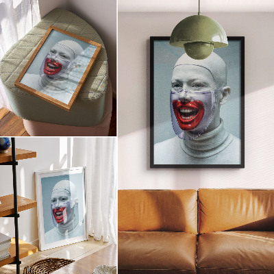 Plakatas Modernus veidas kaukėje, glazūruotas veidas raudonai.