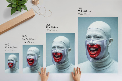 Plakatas Modernus veidas kaukėje, glazūruotas veidas raudonai.