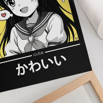 Plakatas svetainei manga stiliaus su juodomis linijomis ir geltonais akcentais