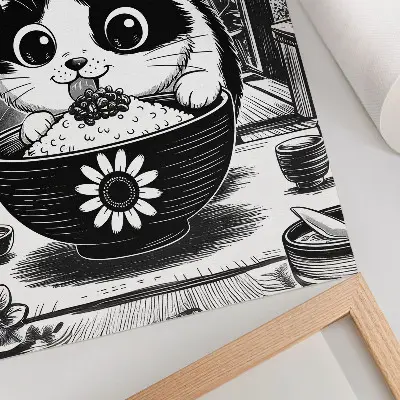 Plakatas katė ryžių dubenyje komiksų ir rytietišku stiliumi