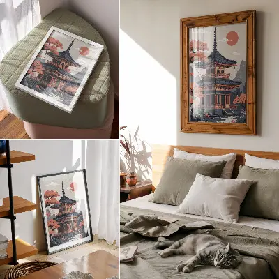 Sieninis plakatas japoniška šventykla su medžiais ir kalnais pastelinėmis spalvomis