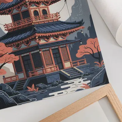Sieninis plakatas japoniška šventykla su medžiais ir kalnais pastelinėmis spalvomis