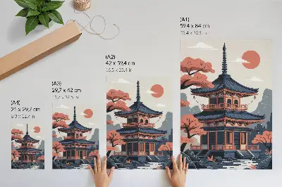 Sieninis plakatas japoniška šventykla su medžiais ir kalnais pastelinėmis spalvomis