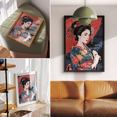Sieninis plakatas Japoniško stiliaus moters skėtis spalvinga naktis