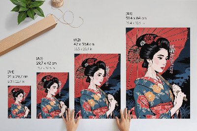 Sieninis plakatas Japoniško stiliaus moters skėtis spalvinga naktis