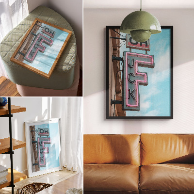 Sieninis plakatas Neoninis retro ženklas, mėlynas dangus, intensyvios spalvos