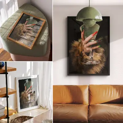 Sieninis plakatas ranka su spalvotais nagais stiklo fone