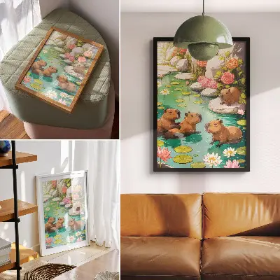 Plakatas svetainei kapibara tvenkinyje tarp gėlių ir gamtos harmonijoje