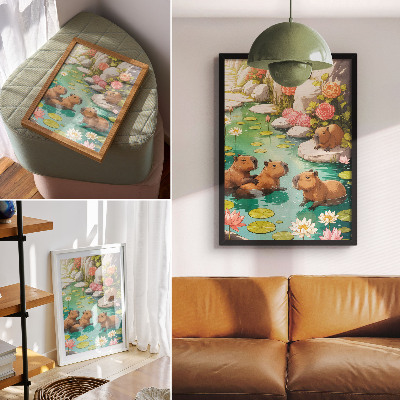 Plakatas svetainei Kapibaros tvenkinio gėlėse, gamtos harmonijoje